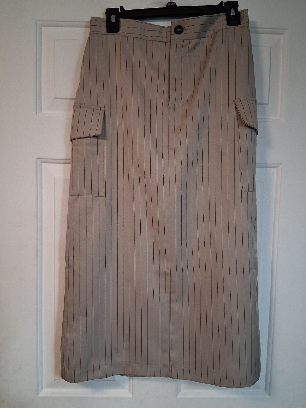 Womens Tan Black Pinstripe Cargo Pocket Midi Utility Skirt Long Maxi Casual M